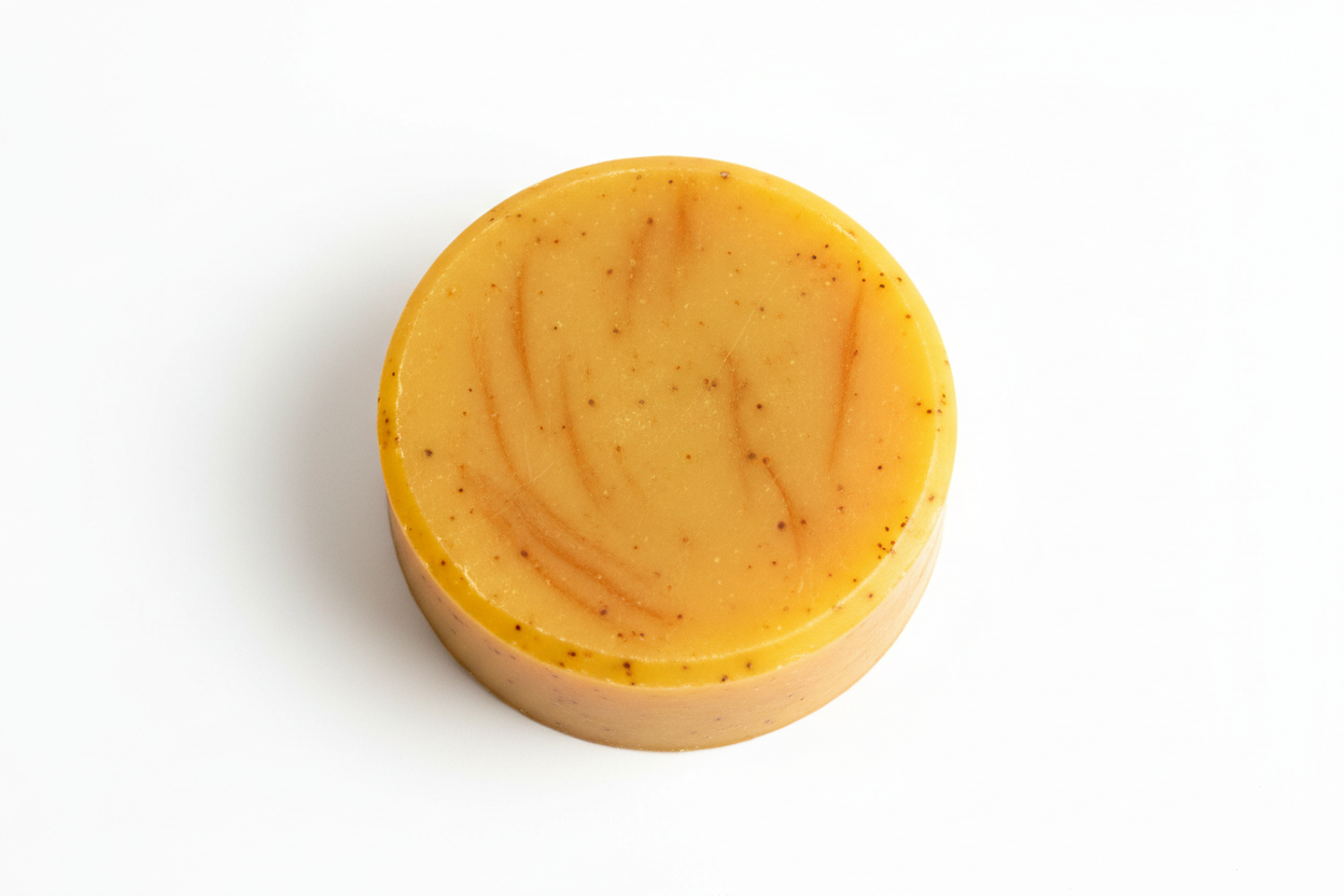 1.5 oz bar of honey turmeric soap that is a circle